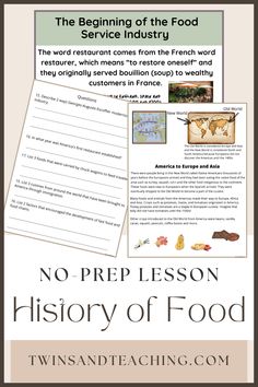 a poster with the words, no prep lesson history of food and an image of trees