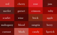 the names of different types of wine in red and brown colors, with white lettering