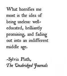 an old quote from syvia plath about horries me most is the idea of being uses well - educated, brilliantly promoting and facing out into an indifferent middle age