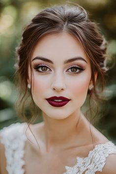 Autumn Wedding Makeup Brown Eyes, Wedding Makeup Red Lipstick, Bridal Makeup For Hazel Eyes Blonde Hair, Burgundy Lipstick Makeup, Elegant Makeup Looks, Wedding Makeup For Green Eyes, Bridal Makeup Red Lips, Classic Couture, Fall Wedding Makeup