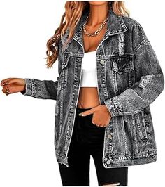 Womens Distressed Jeans, Boyfriend Denim Jacket, Denim Jacket With Hoodie, Bride Jacket, Casual Denim Jacket, Girls Denim Jacket, Womens Ripped Jeans, Oversized Jean Jacket, Long Sleeve Denim Jacket