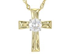 Moissanite Fire(R) .80ct diamond equivalent weight round, 14k yellow gold over sterling silver   cross pendant and 18-inch Singapore chain. White rhodium settings. Measures approximately 3/4" L x 9/16" W. Chain has a 2-inch extender and a lobster clasp. Actual moissanite weight is .68ct. Fine Jewelry Cross Necklace With Diamond Accents For Anniversary, Diamond White Cross Necklace With Diamond Cut For Anniversary, Diamond Cut Cross Necklace In Diamond White For Anniversary, Round Diamond Cut Cross Necklace, White Gold Round Diamond Cut Cross Necklace, Diamond Round Cross Necklace For Anniversary, Yellow Gold Cubic Zirconia Cross Pendant, Anniversary Cross Necklace With Diamond Accents, Round Diamond Cut Cross Necklace For Anniversary