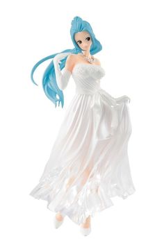 a doll in a white dress with blue hair