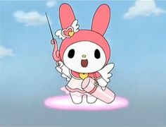 a cartoon character is flying in the sky with an umbrella and bunny ears on her head