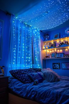 a bedroom with blue lights on the ceiling and bed in the foreground is a window