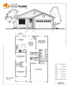 two story house plans with garage and living room in the front, one bedroom on the second