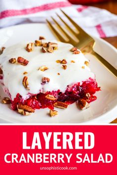 this layered cranberry jello dessert is made with fresh fruit and topped with whipped cream