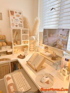 a desk with a computer monitor, keyboard and mouse