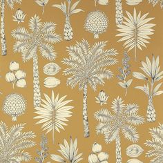 a wallpaper with palm trees and other plants on it in gold, white or blue