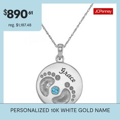 Symbolizing the one who's left their footprints on your heart, this adorable pendant necklace is personalized with a name and birthstone. Crafted of 10K white gold. Made in America.Stone: 2.5mm round lab-created gemstonePersonalize with up to 10 letters in script font.Choose one birthstone. Use the letter key below to represent the month.A=JanuaryB=FebruaryC=MarchD=AprilE=MayF=JuneG=JulyH=AugustI=SeptemberJ=OctoberK=NovemberL=DecemberFeatures: Family Jewelry, Personalized, Quick ShipJewelry Clo… Family Jewelry, Family Jewellery, Jewelry Personalized, Necklace White, Script Font, Made In America, In America, Birthstone, Lab