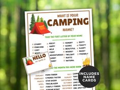 a camping game is shown with the words, what's your camping name?