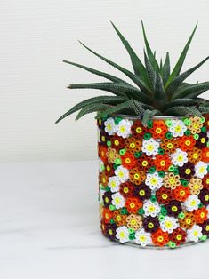 a potted plant is decorated with flowers and bead work on the bottom half