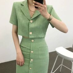 Two Piece Skirt Set Summer, Sets Summer, Green Tweed, Button Skirt, Midi Skirt Pencil, Skirt Sets, Green Skirt, Short Jacket, Classy Outfits