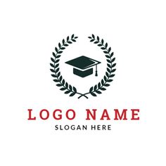 a logo with a graduation cap and laurel wreath on the bottom, in black and red colors