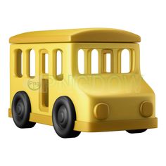 a yellow toy bus with black wheels on a white backgrounnd background, 3d rendering