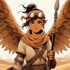 a woman with wings and goggles holding a spear in her hand while standing in the desert