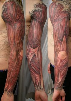 the arm is covered in muscles and has an image of a man's torso