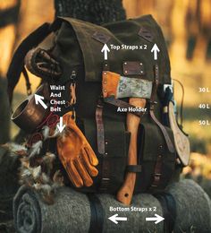 an old backpack with many different things on it and arrows pointing to the top straps