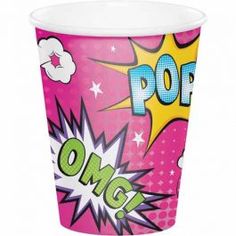 a pink cup with pop art on it