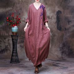 Plant Dyeing Long Sleeves Linen Dress V-Neck Embroidered Caftan in Light Purple Dusty Pink Purple One Size - Morimiss.com Spring Long Sleeve Kaftan With Floral Embroidery, Casual Embroidered V-neck Dress, Bohemian Embroidered V-neck Dress For Spring, Bohemian V-neck Embroidered Dress For Spring, Spring Cotton V-neck Embroidered Dress, Traditional Spring Embroidered Dress With V-neck, Traditional Embroidered V-neck Dress For Spring, Spring Traditional Embroidered V-neck Dress, Casual V-neck Kaftan For Spring