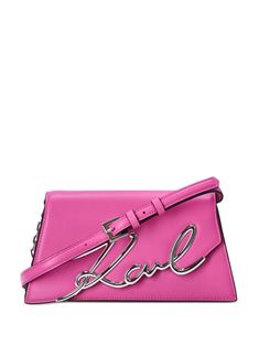 pink calf leather trapeze silhouette silver-tone logo lettering logo stamp to the rear detachable chain-link shoulder strap foldover top with magnetic fastening partitioned compartment silver-tone hardware Small Crossbody Bag, Logo Stamp, Cute Comfy Outfits, Pink Bag, Karl Lagerfeld, Chain Link, Comfy Outfits, Calf Leather, Crossbody Bag