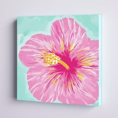 a pink flower is painted on a blue and green background with yellow stamens