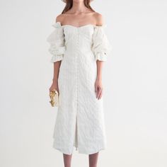 Nwot! Perfect Condition. Size Xs-S. Beautiful Off The Shoulder Ruffle Gown With Button Detailing. Sleeve Are Amazing! Size Guide In Images. Perfect For Spring And Vacation Purchased For $880 42" Length 45% Linen, 41% Rayon, 14% Silk Chic Wedding Midi Dress With Gathered Sleeves, Feminine Buttoned Evening Dress, Feminine Evening Dress With Buttons, Summer Off-shoulder Pleated Sleeves Dress, Chic Midi Dress With Gathered Sleeves For Wedding, Fitted Midi Dress With Buttons For Wedding, Summer Off-shoulder Dress With Pleated Sleeves, Spring Evening Dresses With Buttons, Buttoned Midi Dress For Wedding