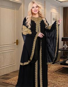 Embrace effortless grace and sophistication with this stunning loose-fit abaya, perfect for any party or special occasion. Processing Time : 20-25 Business Days Flowing chiffon fabric: Luxuriously lightweight and breathable, ideal for year-round comfort. Flattering loose fit: Drapes beautifully on various body types, offering ease of movement and confident style. Elegant embroidery: Delicate detailing elevates the design, adding a touch of timeless charm. Slight stretch for comfort: Ensures a comfortable fit that flatters your figure without compromising elegance. Made for mature women: Designed to cater to the refined tastes and confident style of middle-aged audiences. Easy care: Polyester material ensures low-maintenance washing and long-lasting beauty. Gold Lace Dresses, Free Woman, Embroidered Robes, Dress Muslim, Lace Trim Dress, Muslim Fashion Dress, Crewneck Dress, African Dresses For Women, African Beauty