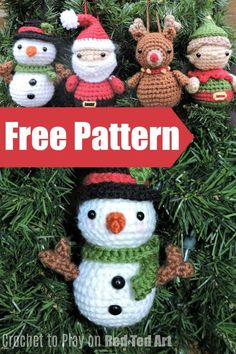 four crocheted christmas ornaments hanging from a tree with snowmen and reindeers