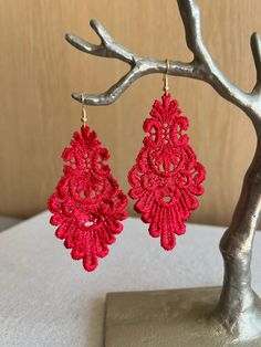 Red lace earrings, elegant earrings, statement earrings, red boho earrings, gift for her, textile earrings, lightweight earrings *These statement earrings are made from lace * Can be dressed up or worn more casually * Many options to style Thank you for visiting my little shop! Textile Earrings, Lace Earrings, Red Boho, Earrings Elegant, Earrings Red, Lightweight Earrings, Earrings Statement, Light Weight Earrings, Red Lace