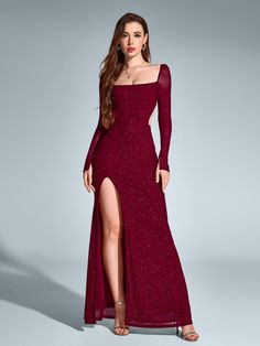 Shop Cut Out Backless Split Thigh Mermaid Hem Glitter Dress now at Partheafashion. You can also choose more fashion style. Red Gala Dresses, Burgundy Formal Dress, Red Evening Gown, Bodycon Gown, Red Dress Long, Sequin Formal Dress, Burgundy Bridesmaid Dresses, Glitter Dress, Women Formals