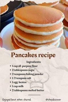 pancakes are stacked on top of each other with instructions for how to make them in the background