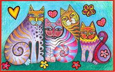 three cats sitting next to each other on top of a green field with hearts and flowers