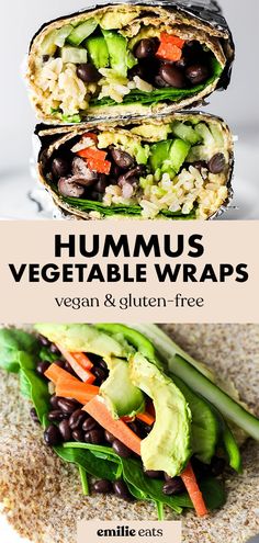 two wraps filled with vegetables and beans on top of each other, in front of the words hummus vegetable wraps vegan & gluten - free