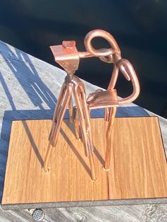 a metal chair sitting on top of a wooden table next to the water's edge