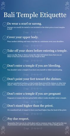 a poster with the words bali temple etiquette written in different font and colors