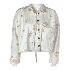 Zara Denim Jacket Jean Shirt White Metallic Floral Embroidery Extra Small Oversized, Cropped And Boxy Fit. Oversized Pocket. Off-White With Gold Embroidered Flowers. 100% Cotton, A Great Statement Piece! - Short Wide Jacket - Long Sleeves With Dropped Shoulders - Patch Pocket At Front - Button Up - Lighter Weight - New Without Tags- Brand New Condition As Well Casual White Embroidered Denim Jacket, White Embroidered Denim Jacket For Fall, White Embroidered Cotton Denim Jacket, Embroidered White Denim Jacket For Spring, White Embroidered Denim Jacket For Spring, Oversized Zara Cotton Denim Jacket, Zara Oversized Cotton Denim Jacket, Casual Cream Denim Jacket, Zara Cotton Relaxed Fit Denim Jacket