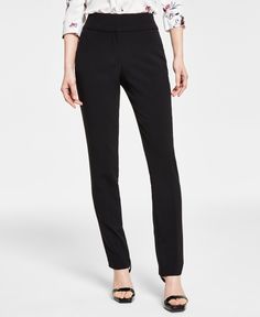 in stock Elegant Mid-rise Black Bottoms, Elegant Black Mid-rise Bottoms, Sleek Black Ankle-length Pants, Black Straight Leg Bottoms In Elastane, Black Straight Leg Elastane Bottoms, Formal Mid-rise Stretch Bottoms, Formal Stretch Mid-rise Bottoms, Classic Black Elastane Bottoms, Black Stretch Ankle-length Work Pants