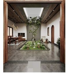 an open door leading to a dining room with green plants on the wall and floor