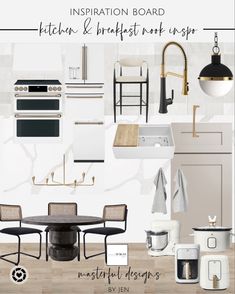 Kitchen remodel inspo inspiration white kitchen white appliances quarts gold hardware hood range refrigerator tile lighting Quartz Tile Backsplash, Barstool Chairs, Hood Range, Kitchen Mood Board, Apron Sink, Rattan Table, Aesthetic Kitchen, Farm Sink, Woven Rattan