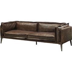 a brown leather couch sitting on top of a wooden frame