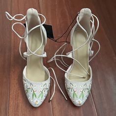 Embroidered Floral Blush Lace Up Heels Never Worn, New With Tags Sz 6.5 Feminine Summer Lace-up Heels, Feminine Lace-up Summer Heels, Spring Lace-up 4-inch Heels, White Embroidered Summer Heels, White Floral Embroidery Heels, Spring Wedding Embroidered Heels, White Heels With Floral Embroidery, White Embroidered Heels For Spring, Spring White Embroidered Heels