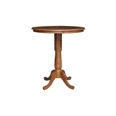 a small wooden table with two legs and a round top on an isolated white background