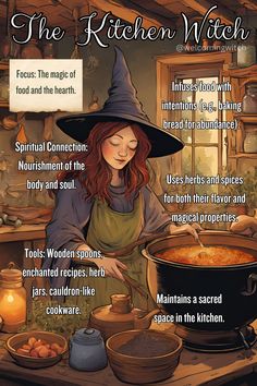 Discover the world of the Kitchen Witch, where culinary arts and witchcraft come together. Learn how these witches use food, herbs, and everyday ingredients to cast spells, create potions, and infuse their meals with magical intention. Perfect for those who want to bring magic into their kitchen and everyday life! 🍽️✨ #KitchenWitch #CulinaryMagic #HerbalMagic #FoodSpells #WitchcraftInTheKitchen How To Be A Kitchen Witch, Witch Herbs And Their Uses, Witchy Kitchen Ideas, Kitchen Witch Aesthetic, Yule Food, Witchy Recipes, Magic Cook, Kitchen Witch Decor, Witch Types