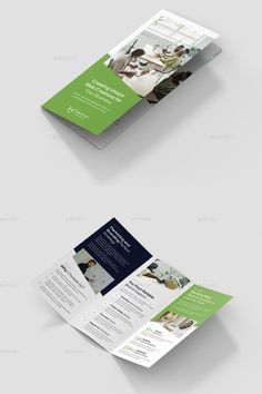 three fold brochure mockup templates with green and blue accents on them