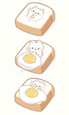 two slices of toast with an egg and bear face on them, one is broken in half