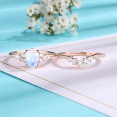 Luxury Moonstone Engagement Ring With Round Band, Oval Moonstone Crystal Ring For Wedding, Oval Moonstone Crystal Wedding Ring, Luxury Moonstone Engagement Ring With Diamond Accents, Wedding Moonstone Ring With Diamond Accents In 14k Gold, Wedding 14k Gold Moonstone Ring With Diamond Accents, Luxury Bohemian Moonstone Engagement Ring, Boho Chic Engagement Ring, Rose Gold Bridal Set