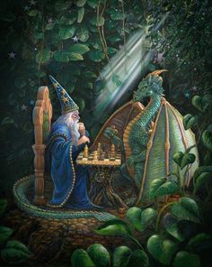 a painting of a wizard playing chess with a dragon