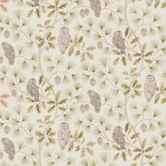 an owl and pine tree print wallpaper in beige, green and brown colors with leaves