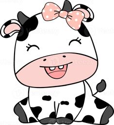 a cartoon cow with a pink bow on its head and black spots, sitting down